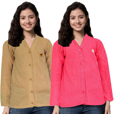 Shunit creation Self Design Round Neck Lounge Wear Women Pink Sweater