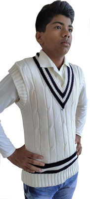 ASHWAN Striped V Neck Casual Men White Sweater