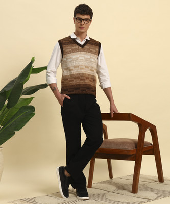 KILVESTED Colorblock V Neck Casual Men Brown Sweater