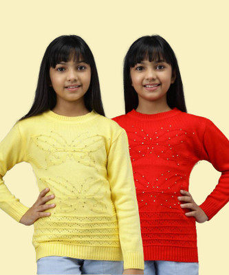 ANIXA Woven, Self Design Round Neck Casual Girls Multicolor Sweater