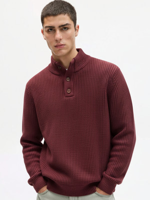 HIGHLANDER Solid High Neck Casual Men Maroon Sweater