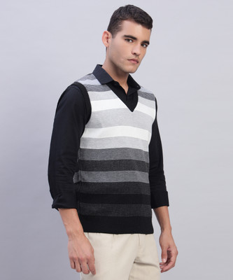 MORKEL Striped V Neck Casual Men Black Sweater