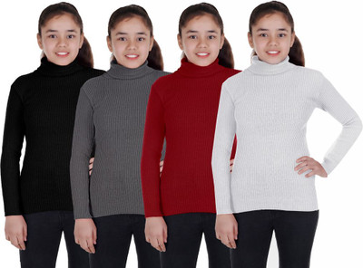 100LUCK Self Design High Neck Casual Girls Multicolor Sweater