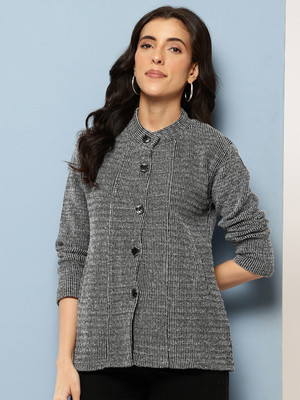 Roadster Self Design Round Neck Casual Women Black Sweater