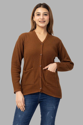 Harjot Self Design V Neck Casual Women Brown Sweater