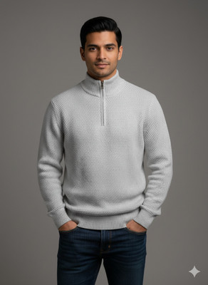 WoolCraft Self Design High Neck Casual Men White Sweater