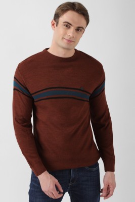 PETER ENGLAND Striped Round Neck Casual Men Maroon Sweater