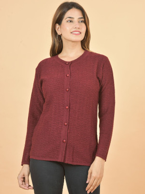 BAISA Solid Round Neck Casual Women Maroon Sweater