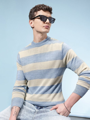 Glitchez Striped Crew Neck Casual Men Blue Sweater