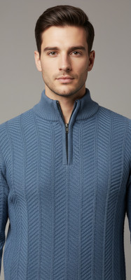 klein blue Self Design Mandarin Neck Casual Men Light Blue Sweater