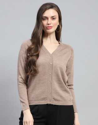 MONTE CARLO Self Design V Neck Casual Women Beige Sweater