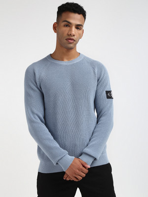 Calvin Klein Solid Round Neck Casual Men Blue Sweater