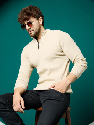 KVETOO Self Design High Neck Casual Men Beige Sweater