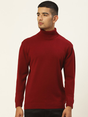 Femea Solid High Neck Casual Men Maroon Sweater