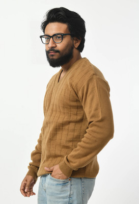 manra Self Design V Neck Casual Men Beige Sweater
