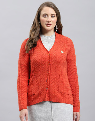 MONTE CARLO Self Design V Neck Casual Women Orange Sweater