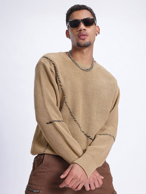 Glitchez Self Design Round Neck Casual Men Beige Sweater