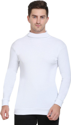 HOSUEOFCOMMON Solid Turtle Neck Casual Men White Sweater