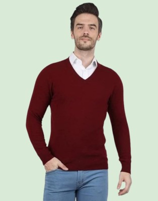 GAINELL Solid V Neck Casual Men Maroon Sweater