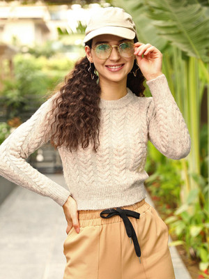 STREET9 Solid Round Neck Casual Women Beige Sweater