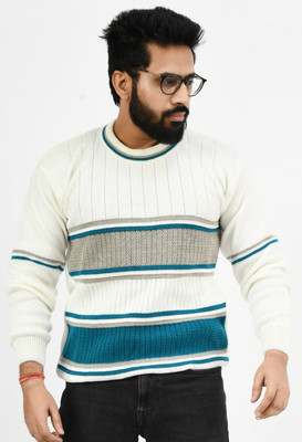 manra Striped Round Neck Casual Men Green Sweater