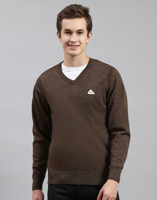 MONTE CARLO Solid V Neck Casual Men Brown Sweater