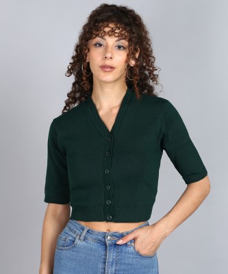 Kiyansh Creation Solid V Neck Casual Women Green Sweater