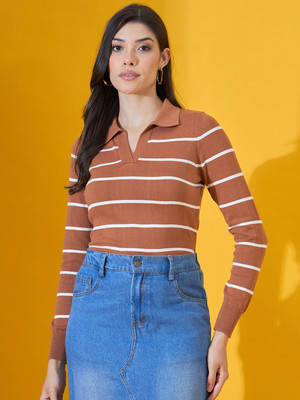 98 Degree North Striped Collared Neck Casual Women Beige Sweater