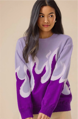 Eddicted Self Design Round Neck Casual Women Purple Sweater