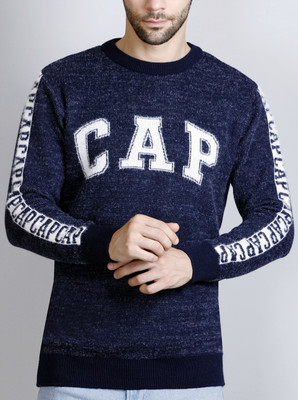 eWools Printed Round Neck Casual Men Dark Blue Sweater