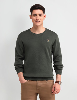 U.S. POLO ASSN. Self Design Crew Neck Casual Men Green Sweater