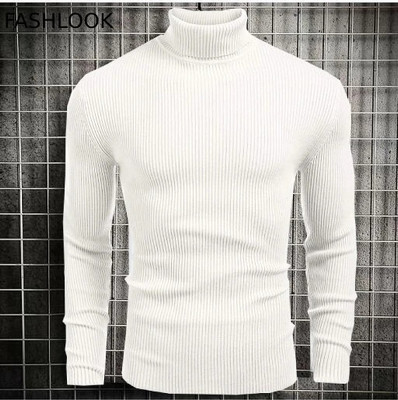 HouseOfCommon Self Design High Neck Casual Men White Sweater