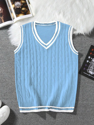 Eddicted Solid V Neck Party Men Blue Sweater