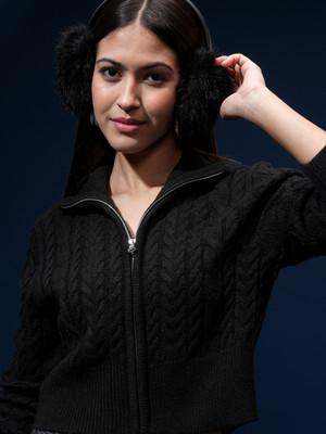Tokyo Talkies Self Design High Neck Casual Women Black Sweater