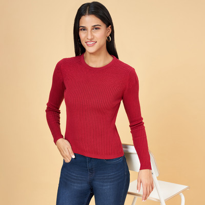 PEOPLE Self Design Round Neck Casual Women Maroon Sweater
