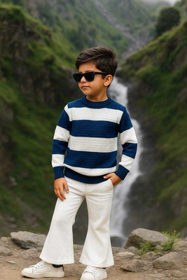DIVYAM COLLECTION Striped Round Neck Casual Boys Blue, White Sweater