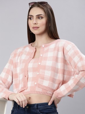 Showoff Checkered Round Neck Casual Women Pink, White Sweater