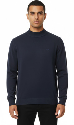 VOMAZO Solid Turtle Neck Casual Men Dark Blue Sweater
