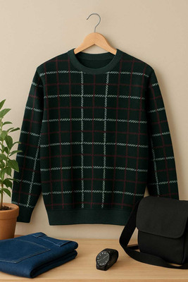 Austivo Self Design, Checkered Turtle Neck Casual Men Green Sweater