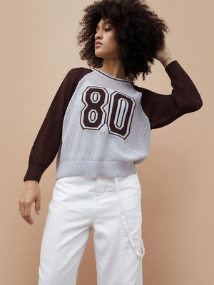 Ginger by Lifestyle Colorblock Round Neck Casual Women Brown Sweater