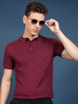 HIGHLANDER Striped Collared Neck Casual Men Red Sweater