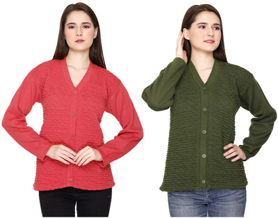 ENOV Woven V Neck Casual Women Pink, Green Sweater