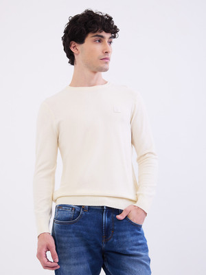 Spykar Solid Round Neck Casual Men White Sweater