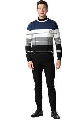 manra Striped Round Neck Casual Men Blue Sweater