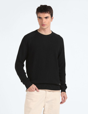 FLYING MACHINE Solid Crew Neck Casual Men Black Sweater