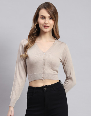 MONTE CARLO Solid V Neck Casual Women Beige Sweater