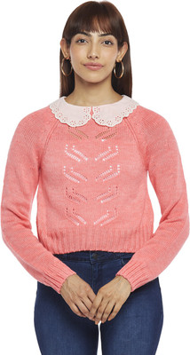 PEOPLE Woven Collared Neck Casual Women Pink, White Sweater