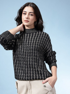 Glitchez Checkered High Neck Casual Women Black Sweater
