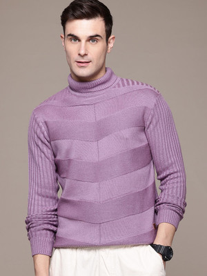 Roadster Self Design Turtle Neck Casual Men Purple Sweater