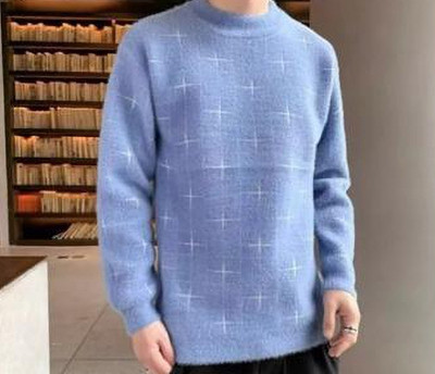 FitIn OutFit Self Design Round Neck Casual Men Blue Sweater